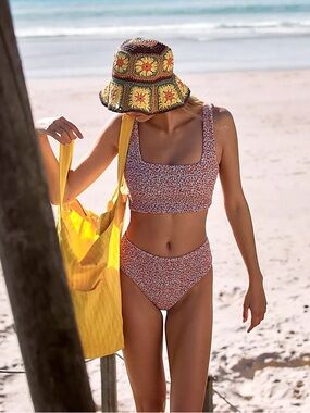 Printed Pixie Smocked Bikini Top in Floral Field of Ditsy Aila Blue Free People